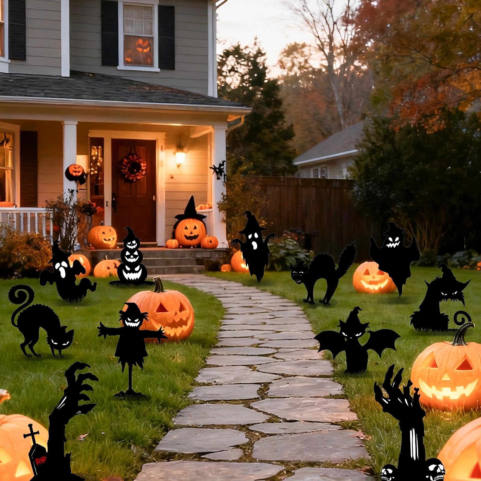 Photo 1 of 11 Pcs Halloween Yard Signs with Stakes Black Cat Pumpkin and Ghost Yard Stakes Scary Silhouette Halloween Decorations Outdoor for Yard Lawn Garden Party Decor