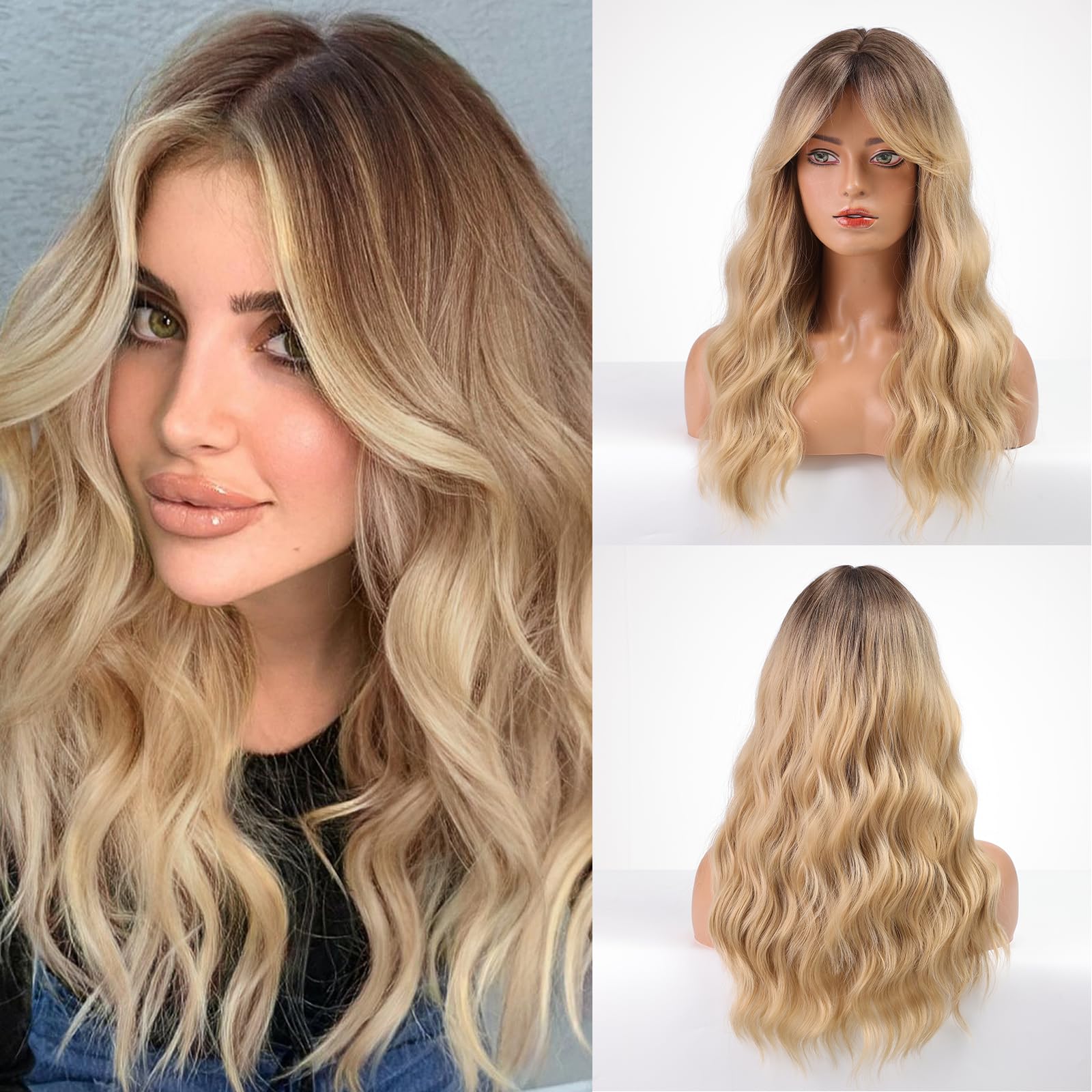 Photo 1 of HAIRCUBE Ombre Blonde Wavy Wig with Curtain Bangs for Women Synthetic Wigs with Natural Heat Resistant Hair for Daily Party Use