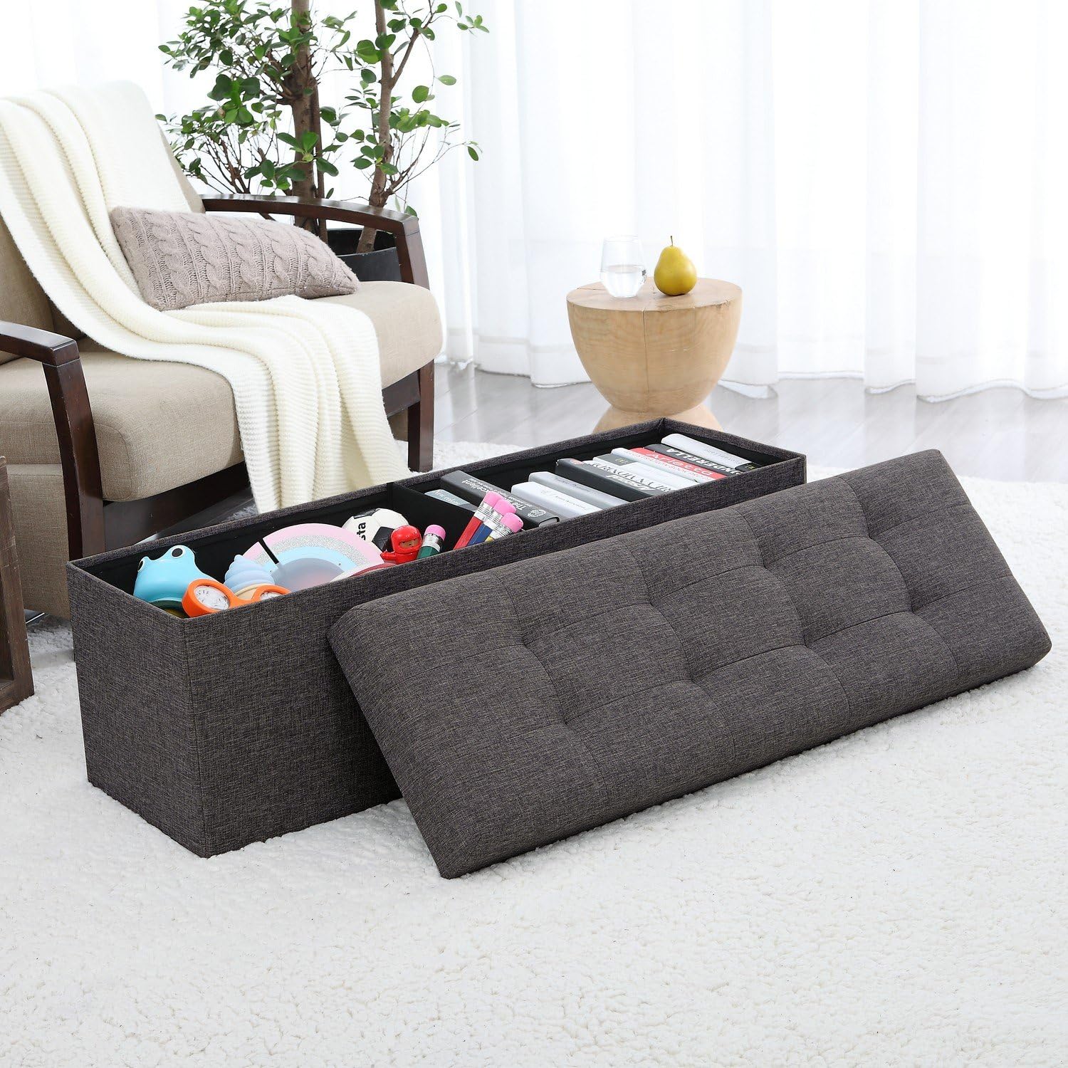 Ornavo Home Foldable Tufted Linen Large Storage Ottoman Bench Foot Rest Stool/Seat - 15" x 45" x 15" (Charcoal): Kitchen & Dining