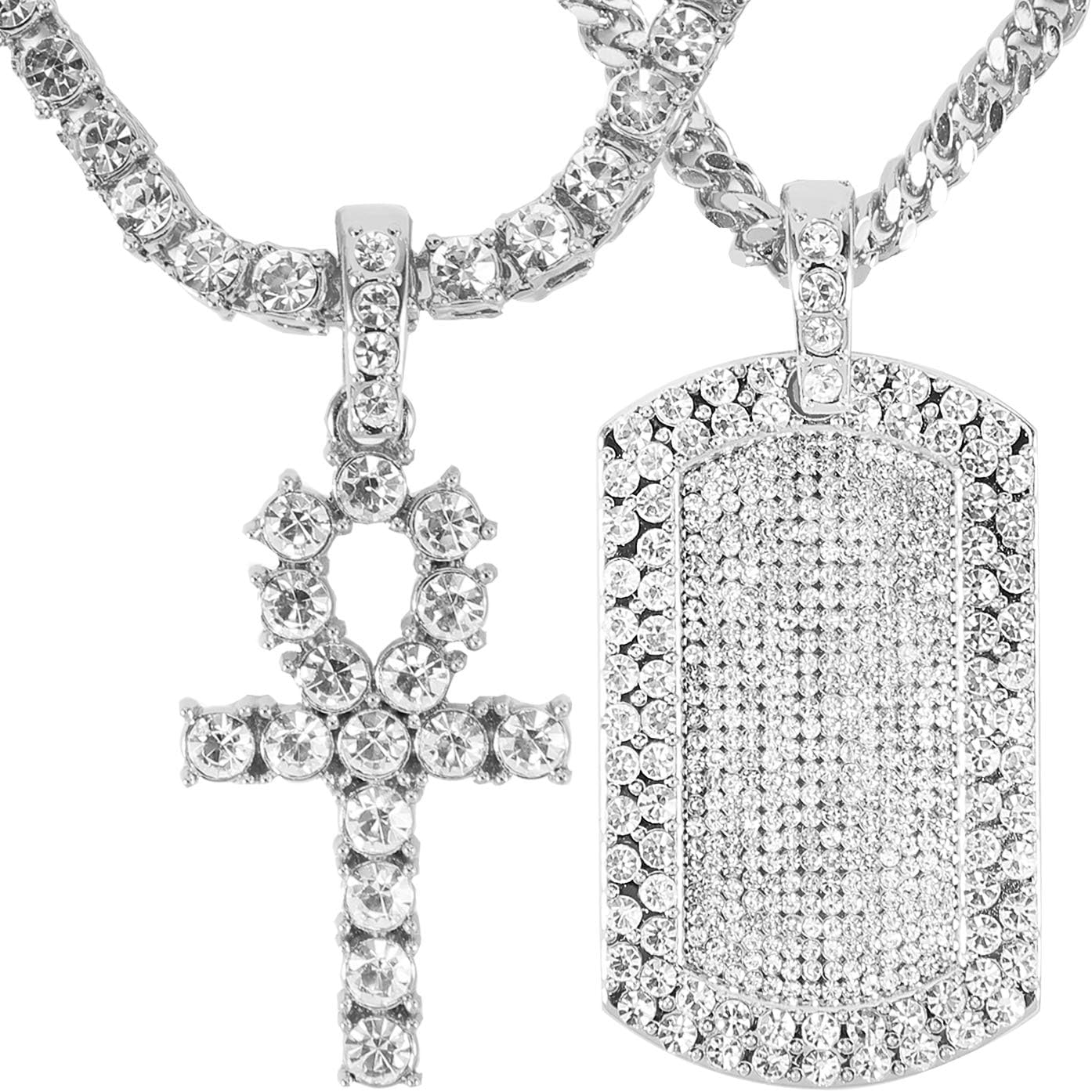 AOVR Men's 18k Gold Plated CZ Fully Iced Out Square Dog Tag Cuban Link Chain Pendant Set