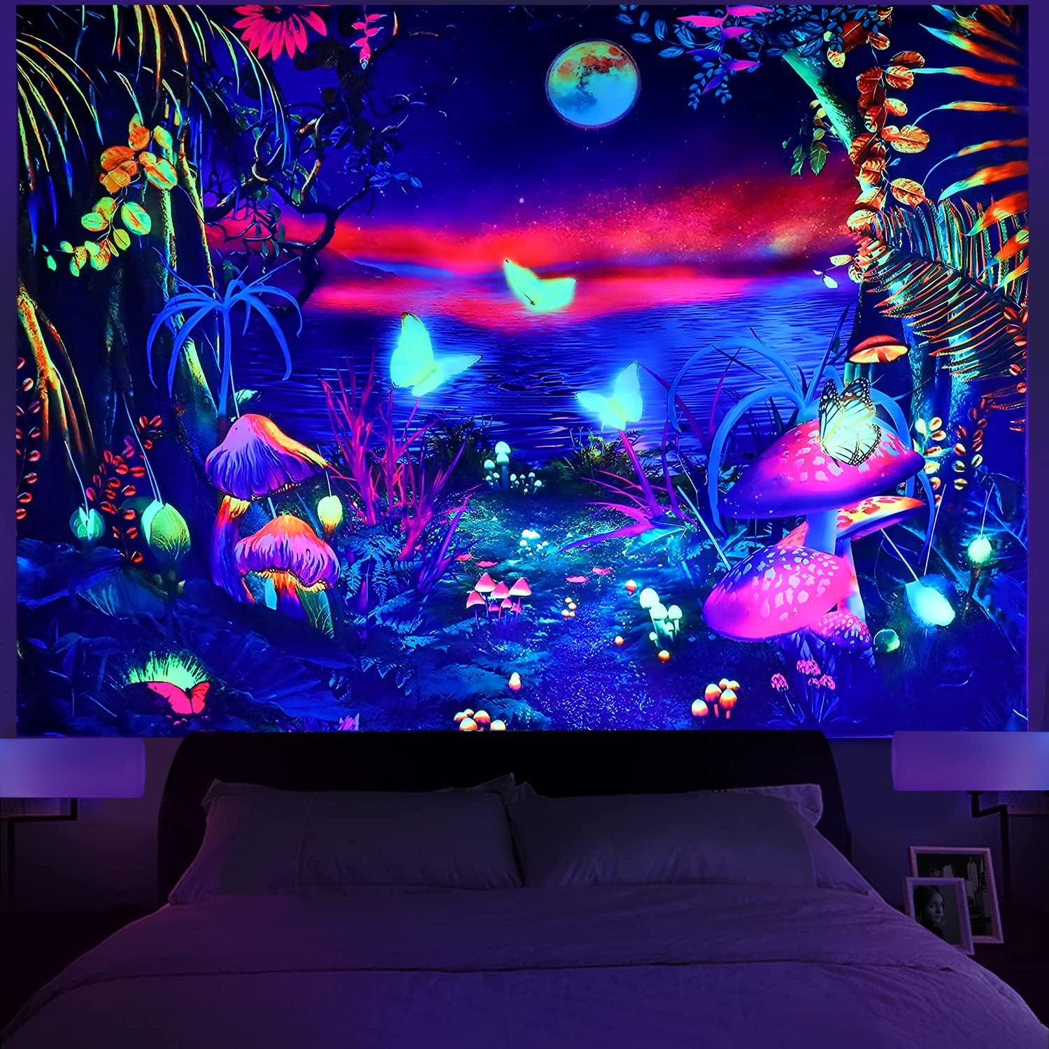 Tapestries - HoneyDec Blacklight Fantasy Forest Tapestry Boho Aesthetic Mushroom Tapestries Hippie Galaxy Plant Butterfly Moon Wall Hanging Tapestries For Bedroom Living Room