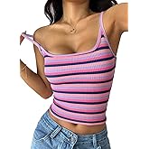 PRETTYGARDEN Women Summer Crop Tops Sleeveless Spaghetti Strap Tank Striped Cami Knit Y2K Clothes Slim Fit Spring Shirts