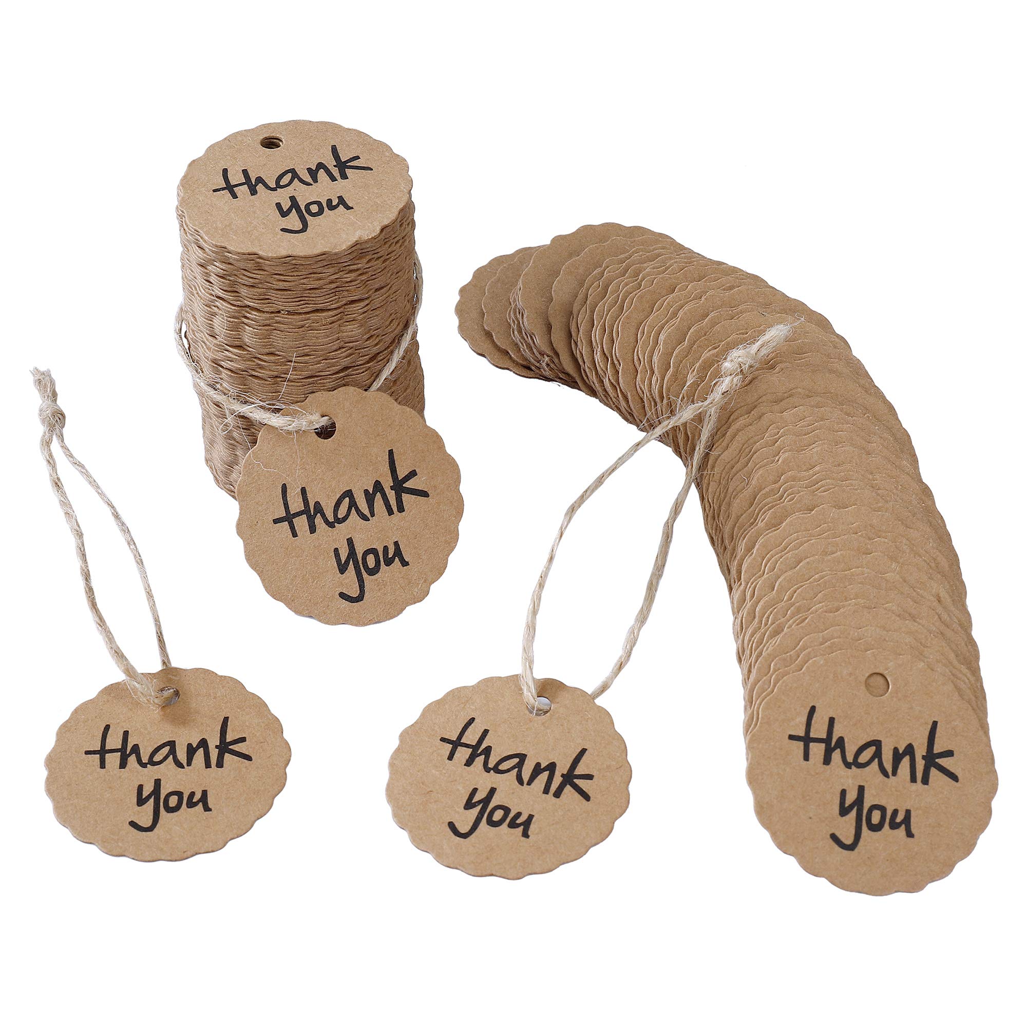Thank You Gift Tags, Kraft Paper Gift Cards with Jute String, 200PCS Round DIY Craft Hanging Labels for Baby Show Christmas Wedding Birthday Party, Brown
