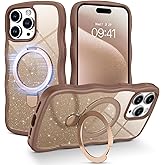 BENTOBEN Magnetic for iPhone 15 Pro Max Case with Invisible Kickstand Ring [Compatible with Magsafe] Clear Glitter Curly Wave Bumper Non-Slip Grip Shockproof Women Men Phone Cover, Desert Titanium