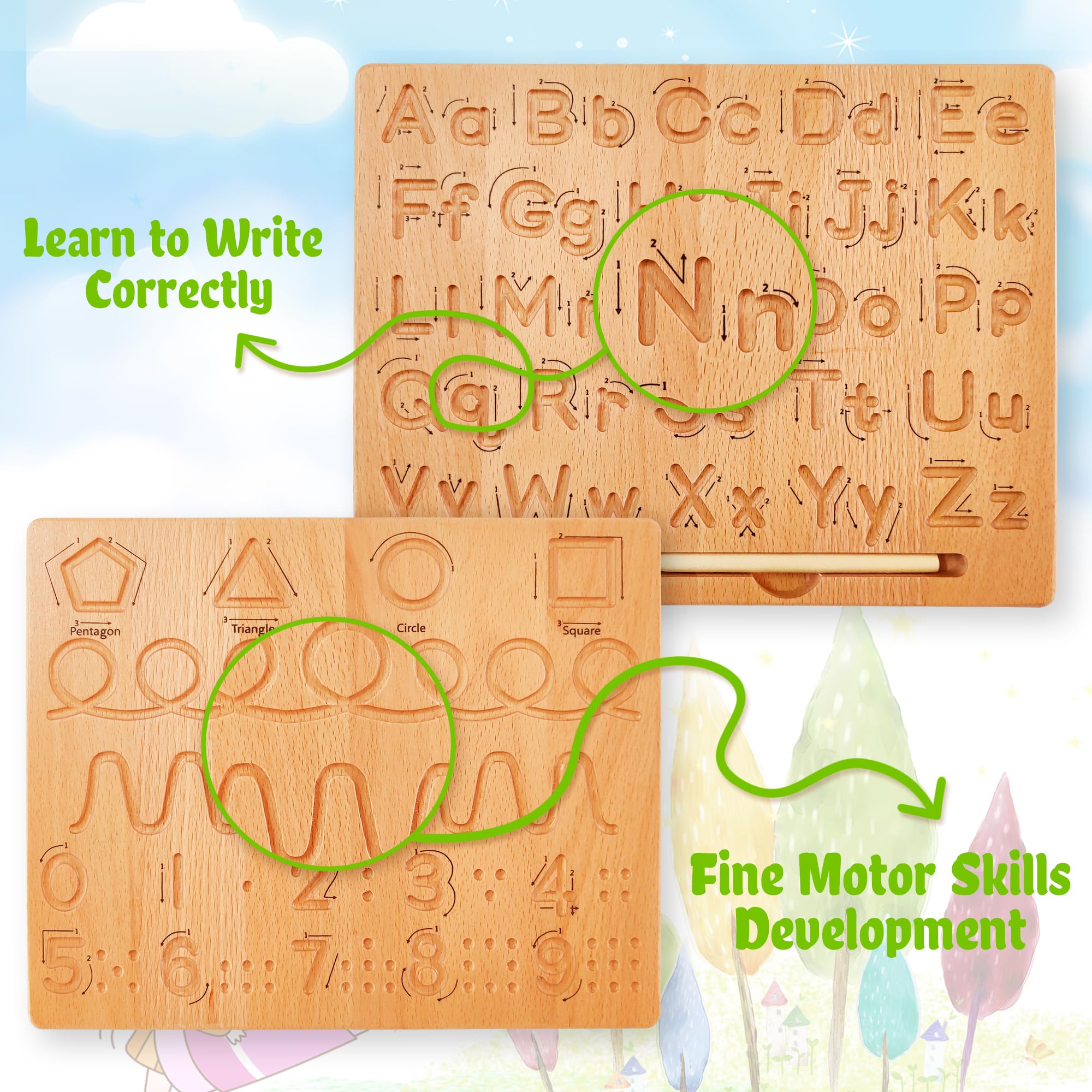 TanFans Wooden Alphabet Tracing Board - Montessori Educational Toy for Preschool - Fine Motor Skills Development - Learn to Write ABC - Double-Sided Letter Practice Tool - Ideal Gift for 3-5 Years Old