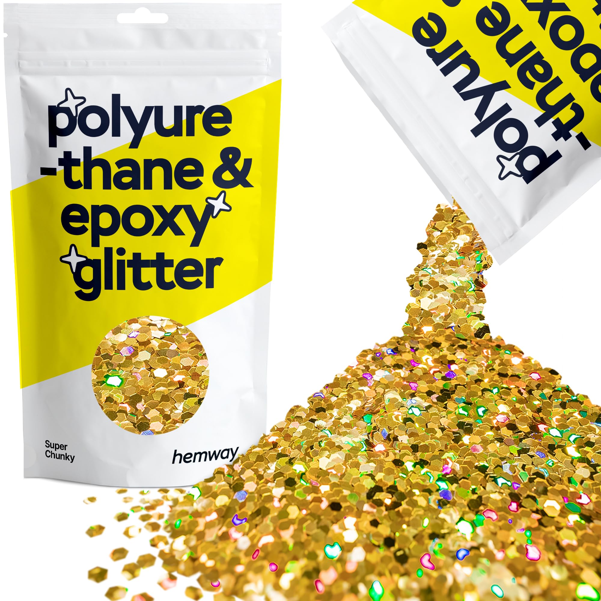 Hemway Resin Glitter Gold Holographic 100g Super Chunky | Polyurethane & Epoxy Glitter for Resin Crafts, Tumblers, Coasters, Floor & Table Art