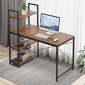 Tower Computer Desk with 4 Tiers Shelves - 47.6 inch Writing Study Table with Bookshelves Study Desk Modern Steel Frame Compact Wood Desk Home Office Workstation