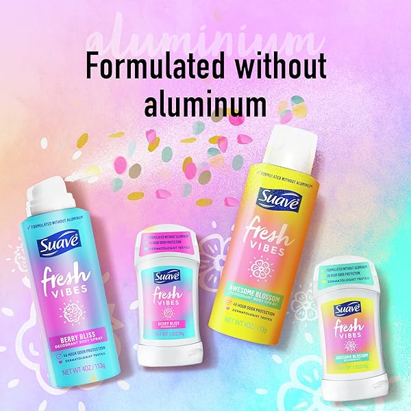 SUAVE FRESH VIBES DEODORANT STICK ALUMINUM FREE 48 HOUR DEODORANT PROTECTION BERRY BLISS DERMATOLOGIST TESTED BODY DEODORANT 1.2 OZ