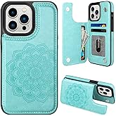 MMHUO for iPhone 14 Pro Case with Card Holder, Flower Magnetic Back Flip Wallet Case for Women, Protective Case Phone Case for iPhone 14 Pro,Mint