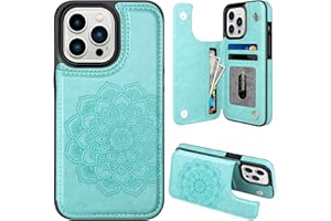 MMHUO for iPhone 14 Pro Case with Card Holder, Flower Magnetic Back Flip Case for iPhone 14 Pro Wallet Case for Women, Protective Case Phone Case for iPhone 14 Pro,Mint