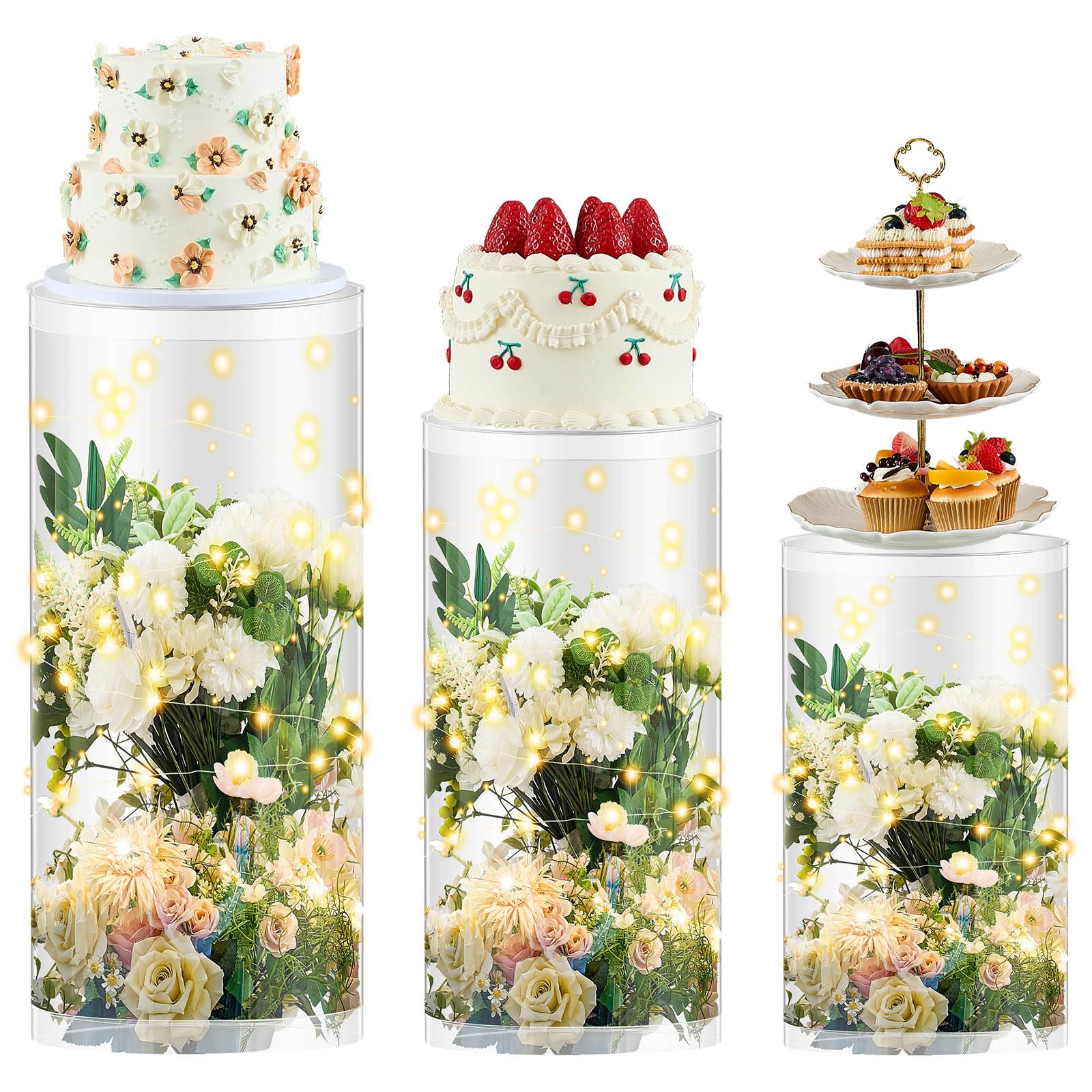 Photo 1 of ****AS IS FINAL SALE NO RETURNS ****IColingmill 3 Pcs Cylinder Stands for Party, PVC Large Clear Cake Pedestal Stand, Round Reusable Dessert Display Tables for Birthday Wedding Baby Shower Decoration, 35. 4'' H, 29. 5'' H, 23. 6'' H