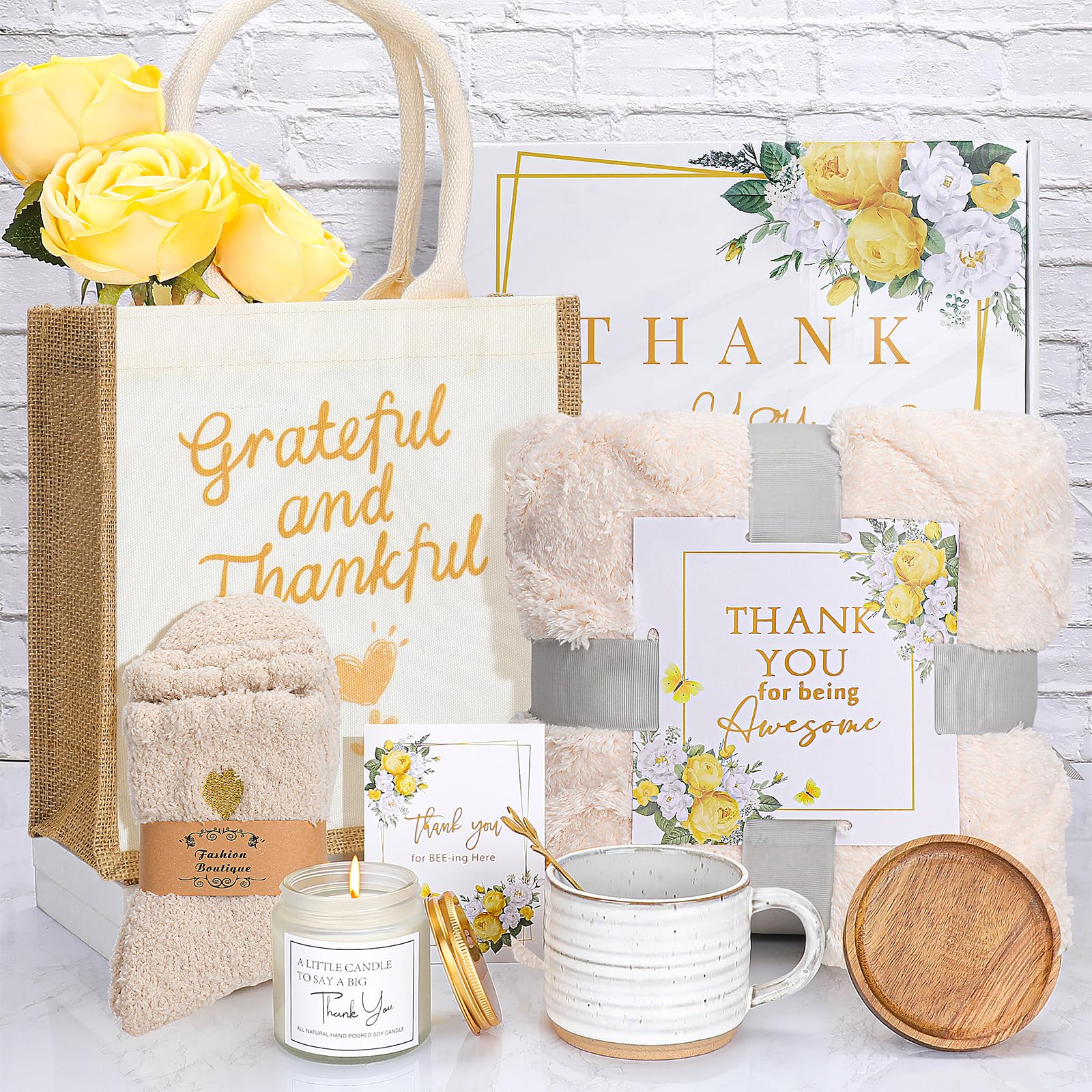 Photo 1 of Thank You Gifts for Women ,Appreciation Gift Box with Blanket, Mug with Lid and Spoon, Soy Candle, Fuzzy Socks, Tote Bag, Card , Birthday, Nurse, Teacher, Coworker, Mom, Best Friend