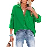 AISEW Womens Button Down Shirts Casual V Neck Long Sleeve Loose Fit Collared Plain Blouses Tops with Pocket