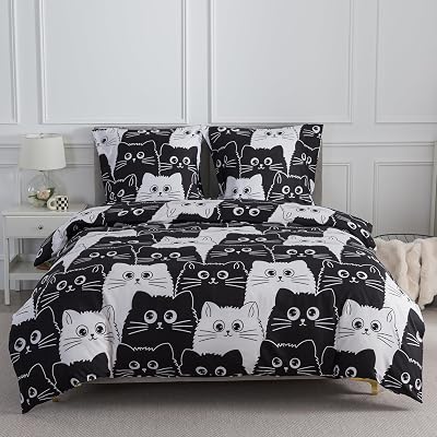 Bettwäsche 155x220 2teilig Bettbezug - Süß Schwarz Weiß Katzen Muster Bettwäsche-Set 155 x 220 cm und 1 Kissenbezug 80x80cm mit Reißverschluss, Weich Leicht Mädchen Kinderbettwäsche