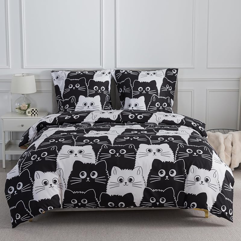 Bettwäsche 155x220 2teilig Bettbezug - Süß Schwarz Weiß Katzen Muster Bettwäsche-Set 155 x 220 cm und 1 Kissenbezug 80x80cm mit Reißverschluss, Weich Leicht Mädchen Kinderbettwäsche — Foto 1 von 8