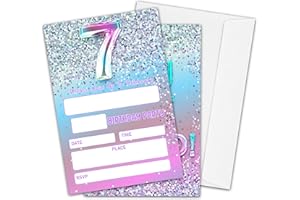 HEZNZXQ 7th Birthday Party Invitations for Girls or Boys, Silver Glitter Theme Birthday Parties Supplies Decorations, Rainbow Balloons Fill-in Invites(20 Invitations and Envelopes)-D03