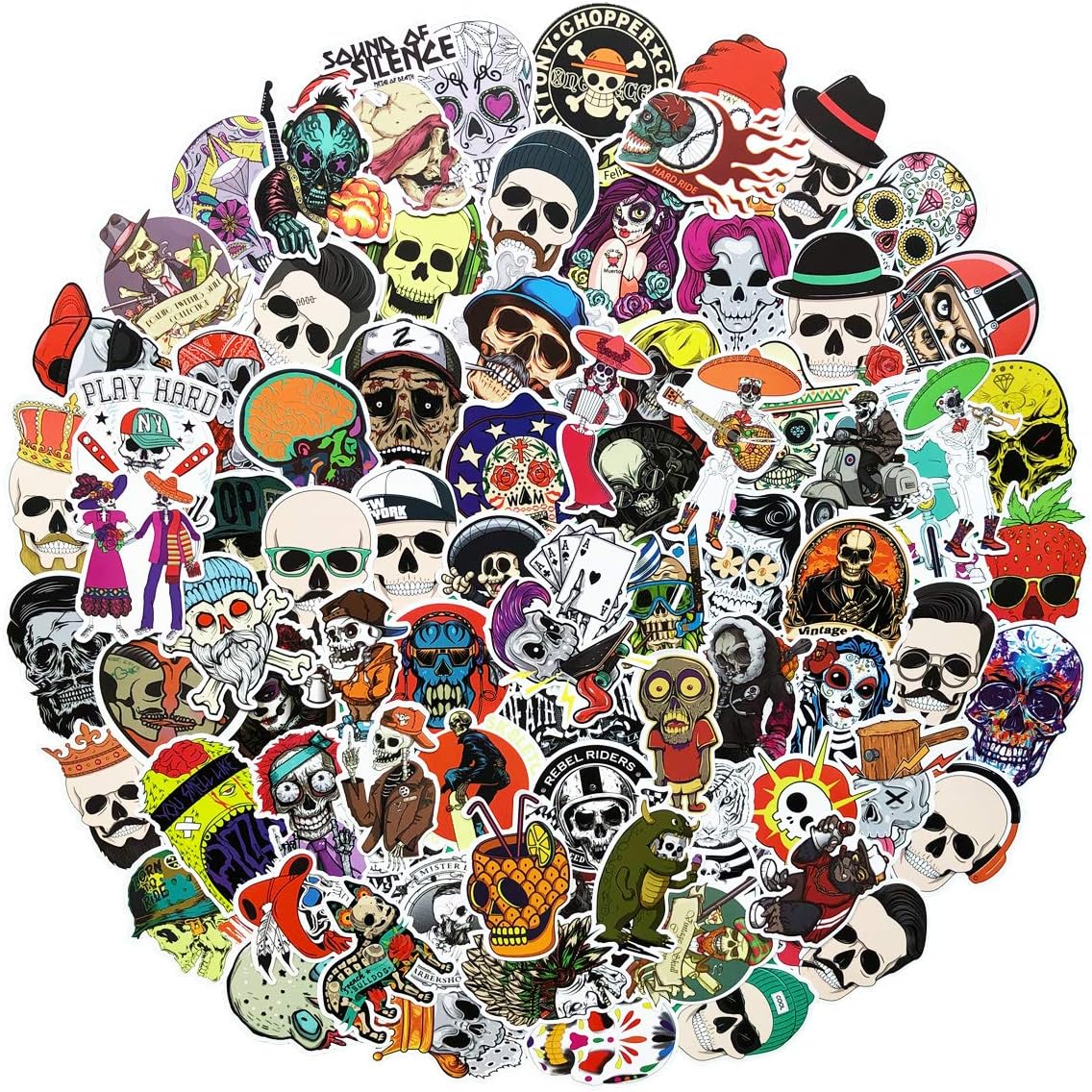 100pcs Sugar Skull Funny Cool Ogreish Stickers Waterproof Laptop Stickers Car Bicycle Suitcase Computer Water Bottle Mobile Phone Stickers Water Resistant Decals (Skull C 100)