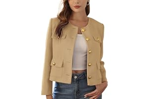 M.Infisavo 2025 Women Tweed Jacket Cropped Blazers Spring Summer Elegant Round Neck Pockets Business Casual Outfit
