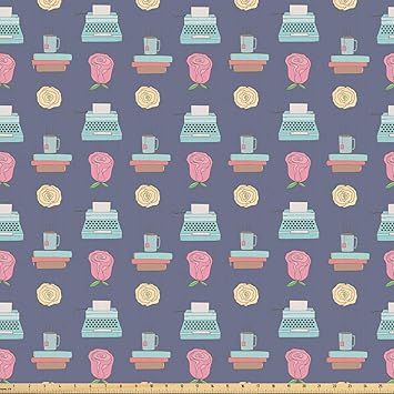 ABAKUHAUS Jahrgang Stoff als Meterware, Schreibmaschine Teetasse Rose, Microfaser Multi Zweck Dekostoff für Kunsthandwerke, 3