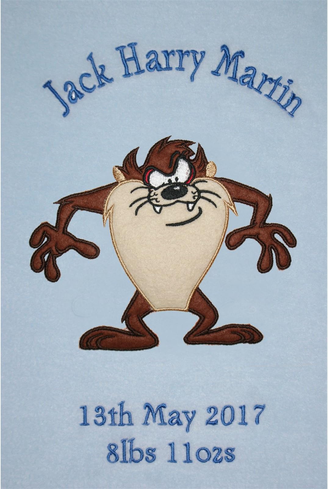 Taz - Tasmanian Devil Style Personalised Applique Super Soft Fleece Blanket (Baby Blue)