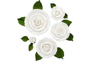 Global Sugar Art Exquisite Rose & Leaf Tray Edible Sugar Cake Flowers, White Unwired, 5 Count by Chef Alan Tetreault