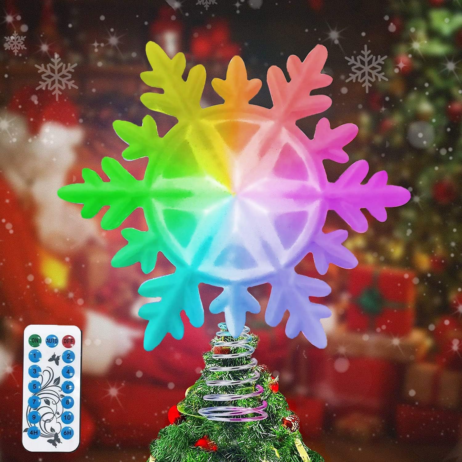 LSXD Snowflake Christmas Tree Topper with Multicolor LED Lights, Timer and Remote Control Glitter Tree Topper Star for Christmas Tree Decorations Wall Party Holiday Décor (White)