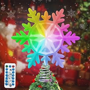 LSXD Snowflake Christmas Tree Topper with Multicolor LED Lights, Timer and Remote Control Glitter Tree Topper Star for Christmas Tree Decorations Wall Party Holiday Décor (White)