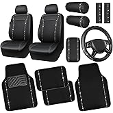 CAR PASS 14 PCS Bling Diamond Car Accessories Set for Women, Leather Seat Covers Front Seats Sparkly Rhinestone 15'' Steering Wheel Covers Shining Diamond Car Floor Mats Cute Interior Sets, Silver