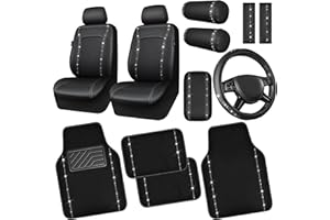 CAR PASS 14 PCS Bling Diamond Car Accessories Set for Women, Leather Seat Covers Front Seats Sparkly Rhinestone 15'' Steering Wheel Covers Shining Diamond Car Floor Mats Cute Interior Sets, Silver