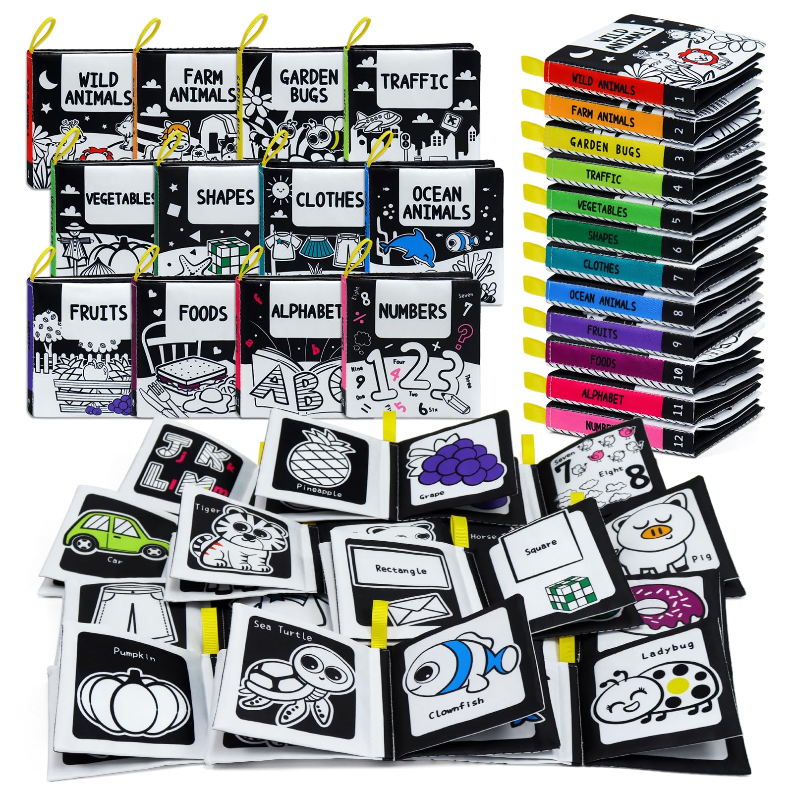 OKOOKO 12PCS Soft Baby Books Black and White High Contrast Soft Cloth Bath Books Crinkle Washable Non-Toxic Early Education Preschool Learning Toy for Newborns Babies Infants Toddlers Kids