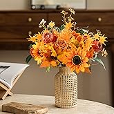 2 Pcs Fall Artificial Flowers Golden Faux Harvest Flower Bouquet Autumn Silk Rose Sunflower Maple Leaves Pinecone Pumpkin for Home Wedding Thanksgiving Centerpieces Arrangements Party Home Decoration