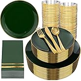 NOCCUR 350PCS Green Plastic Plates - Disposable Green Gold Dinnerware Set for 50 Guests, 100 Dinner/Dessert Plates, 150 Gold Silverware, 50 Cups&50 Napkins for Party/Wedding