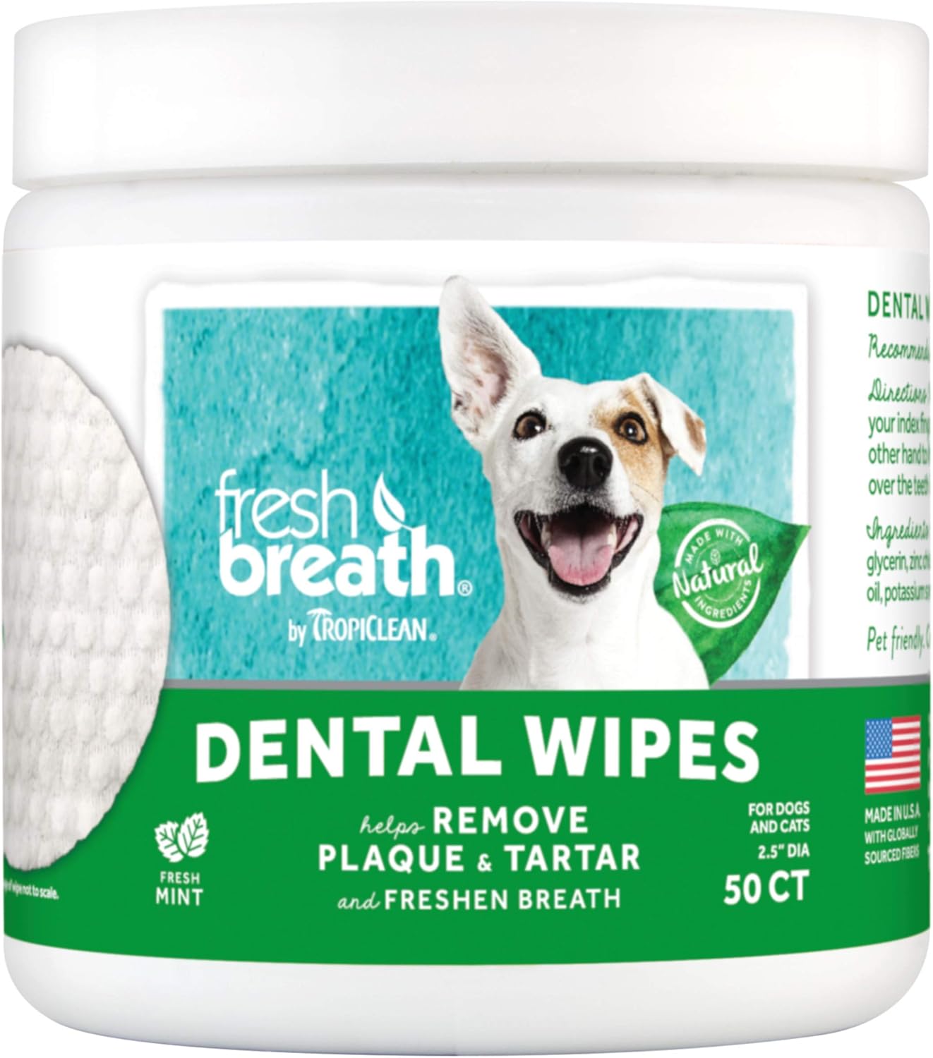Fresh Breath by TropiClean No Brushing Clean Teeth Dental & Oral Care Dental Wipes for Pets, 50ct : Pet Supplies