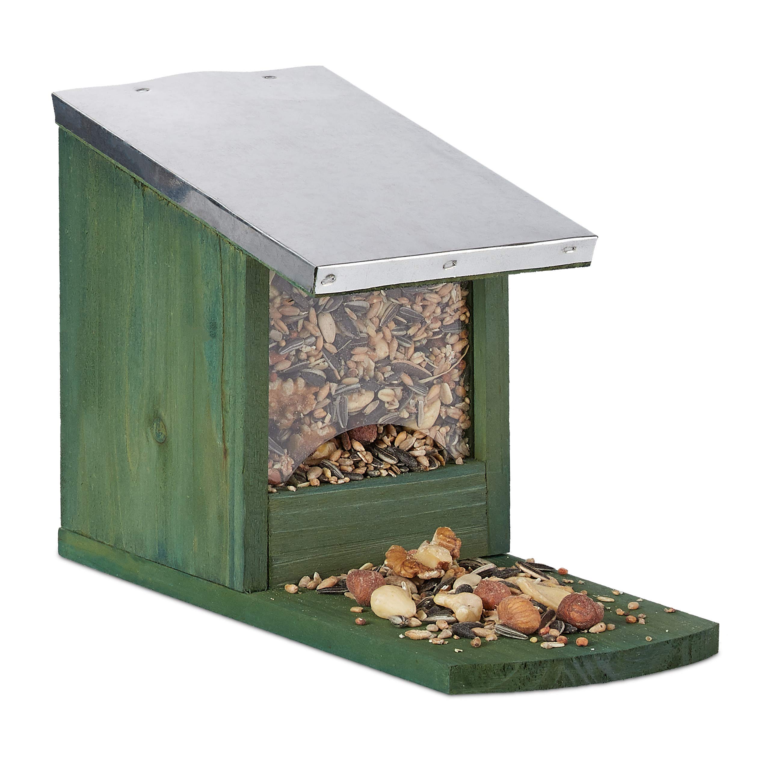 Relaxdays Squirrel Feeder, Wooden Feeding Station, Weatherproof Metal Roof, Standing, Squirrel Shack, Dark Green, 10026316_747