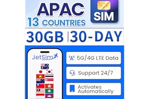 JetSIM Asia-Pacific 13 Countries SIM Card, 30GB High-Speed Data, Unlimited Basic Data, Plug & Play - No Activation Required, 