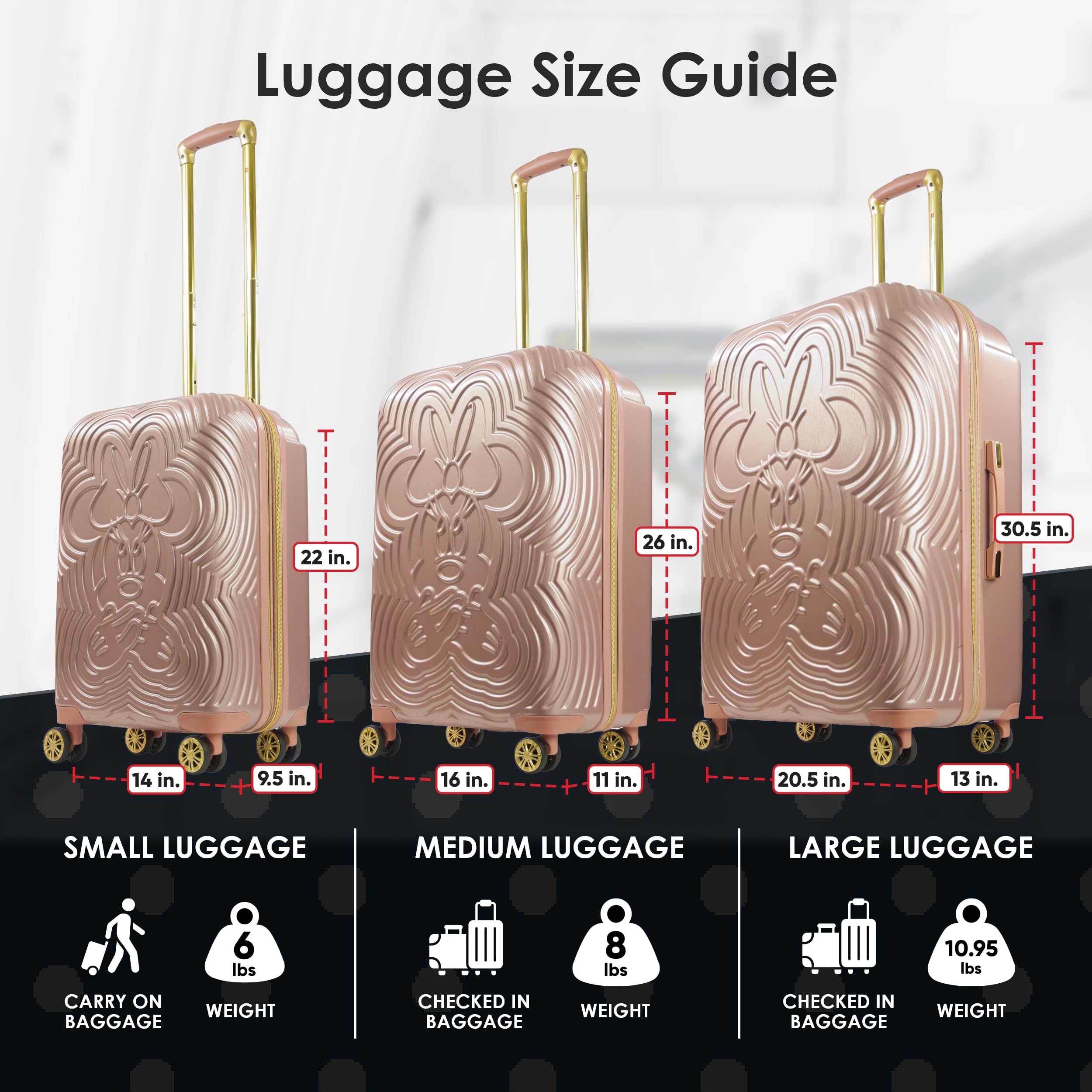 FUL Disney Minnie Mouse 3 Piece Rolling Luggage Set, Molded Hardshell Suitcase with Wheels, 21, 25 and 29 Inch, Rose Gold