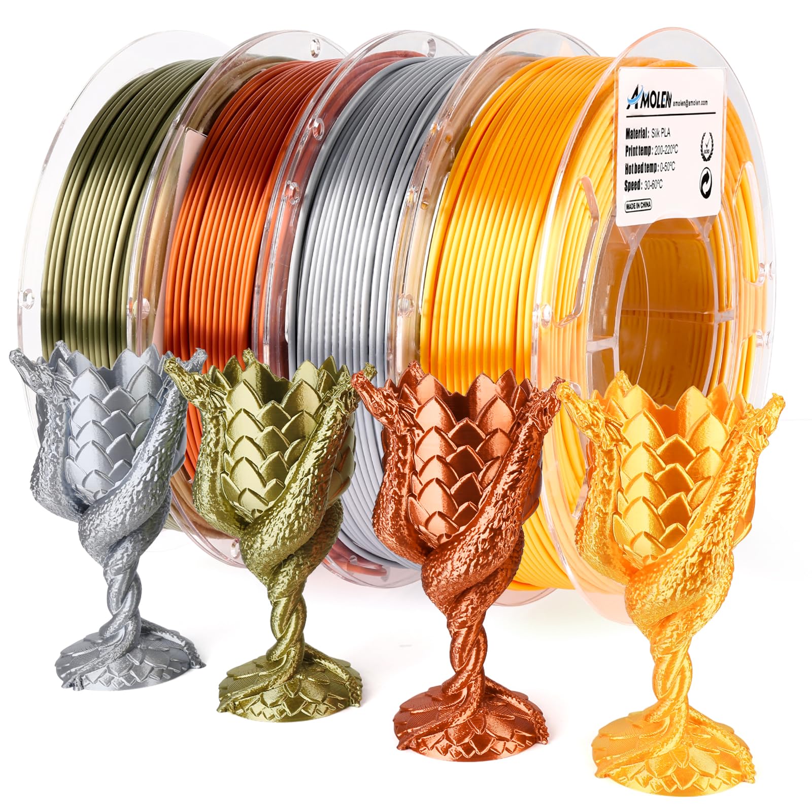 Photo 1 of AMOLEN PLA 3D Printer Filament,PLA Filament 1.75mm,Silk Filament Bundle,Gold, Silver,Bronze, Red Copper,3D Printing Filament Bundle, 200gX 4 Spools