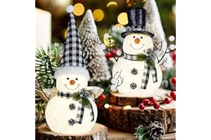 MWDJPXY 2 Pack Black and White Christmas Decor, 14" Lighted Snowmen Tree Buffalo Check Plaid Farmhouse Decorations, Table Centerpieces Rustic Gifts Tiered Tray Decor with for Christmas Party