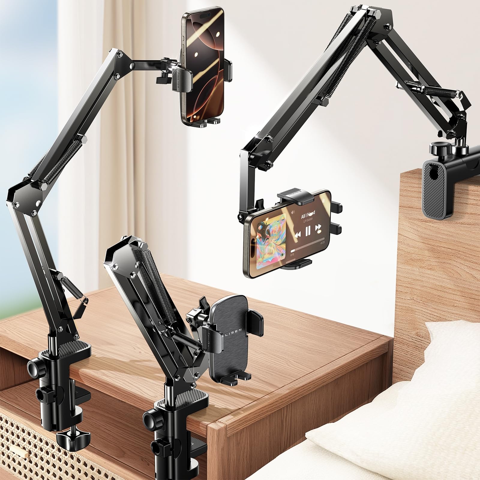 thumbnail interactive-video image 1 of Cellphone Stand Hanging On Neck Upgraded Hands Mobilephone Holder Clip On Bed/Table Lazy Cellphone Mount 1 of 11