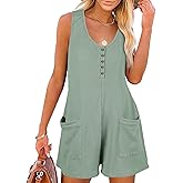 AlvaQ Womens Short Jumpsuits Solid Color Summer Casual Waffle Button Front Sleeveless Rompers with Pockets