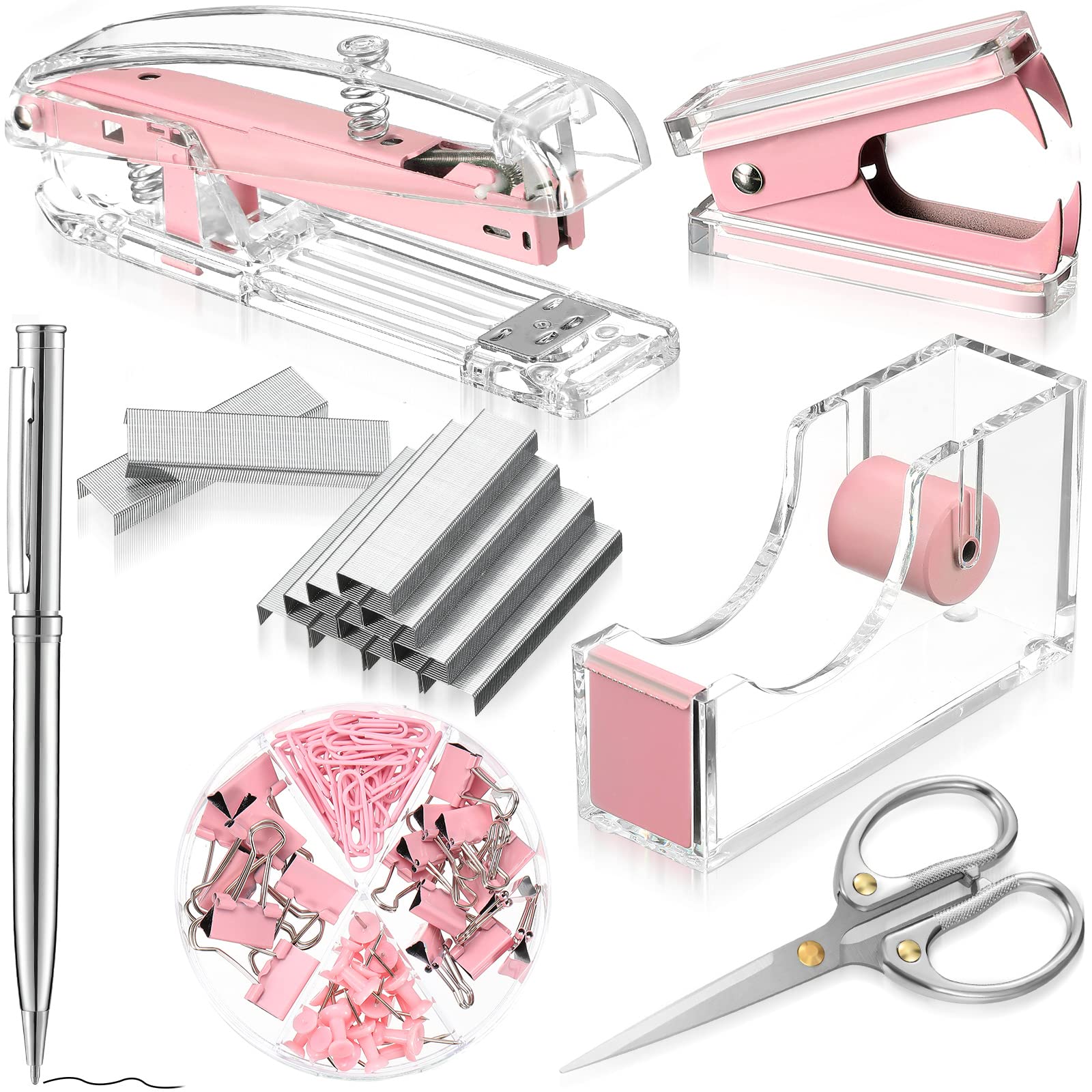 Photo 1 of Office Supplies Set Desk Accessory Kit, Acrylic Stapler Set Staple Remover, Tape Dispenser, Binder Clips, Paper Clips, Ballpoint Pen and Scissor with 1000 Pieces 26/6 Staples (Pink)