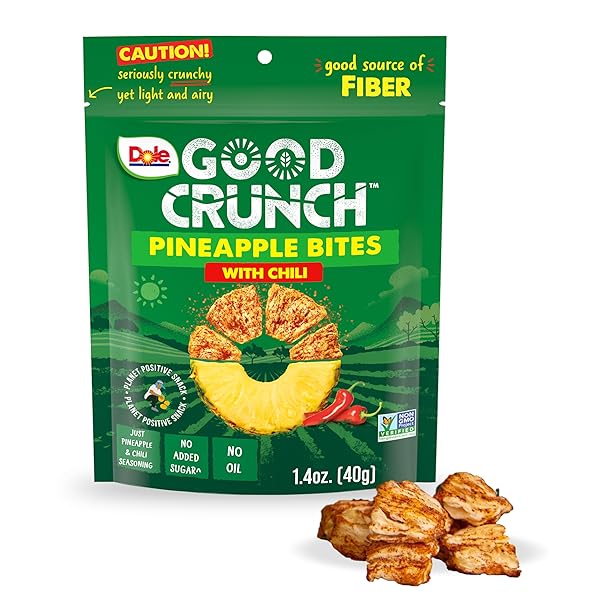 DOLE GOOD CRUNCH PINEAPPLE WITH CHILI DRIED FRUIT BITES, GLUTEN FREE & VEGAN SNACK, 1.4OZ BAG
