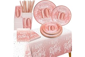 10th birthday decorations for girl - (Total 121pcs) rose gold Birthday supplies Plates and Napkins, Cups, Straws, tablecloth,