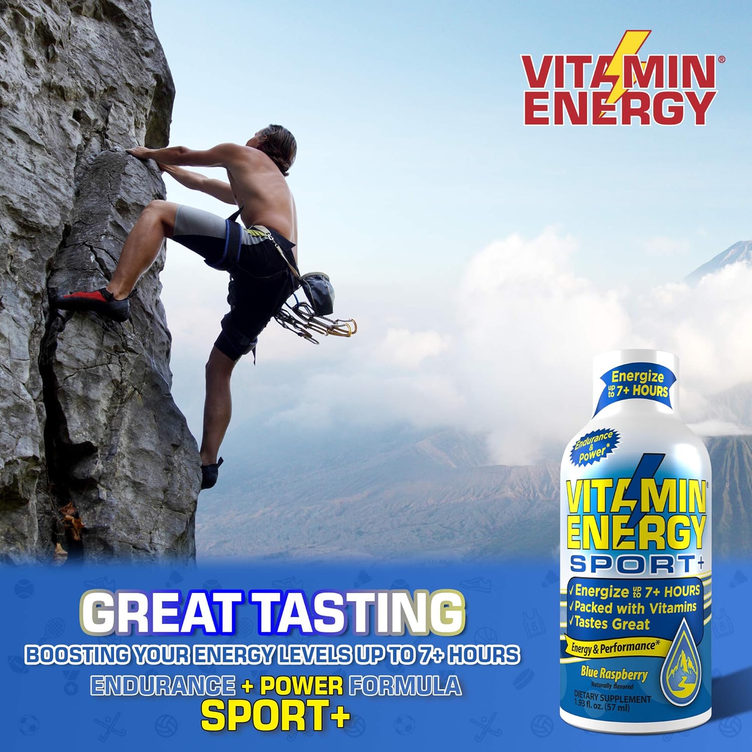 (48 Pack) VitaminEnergy™ Sport+ Energy Shots, Lasts up to 7+ Hours, Blue Raspberry Energy Drink With Electrolytes, Vitamin Supplements, Natural Caffeine, and Energy Boosting Keto Drink, 1.93 fl oz Ea.: Health & Personal Care