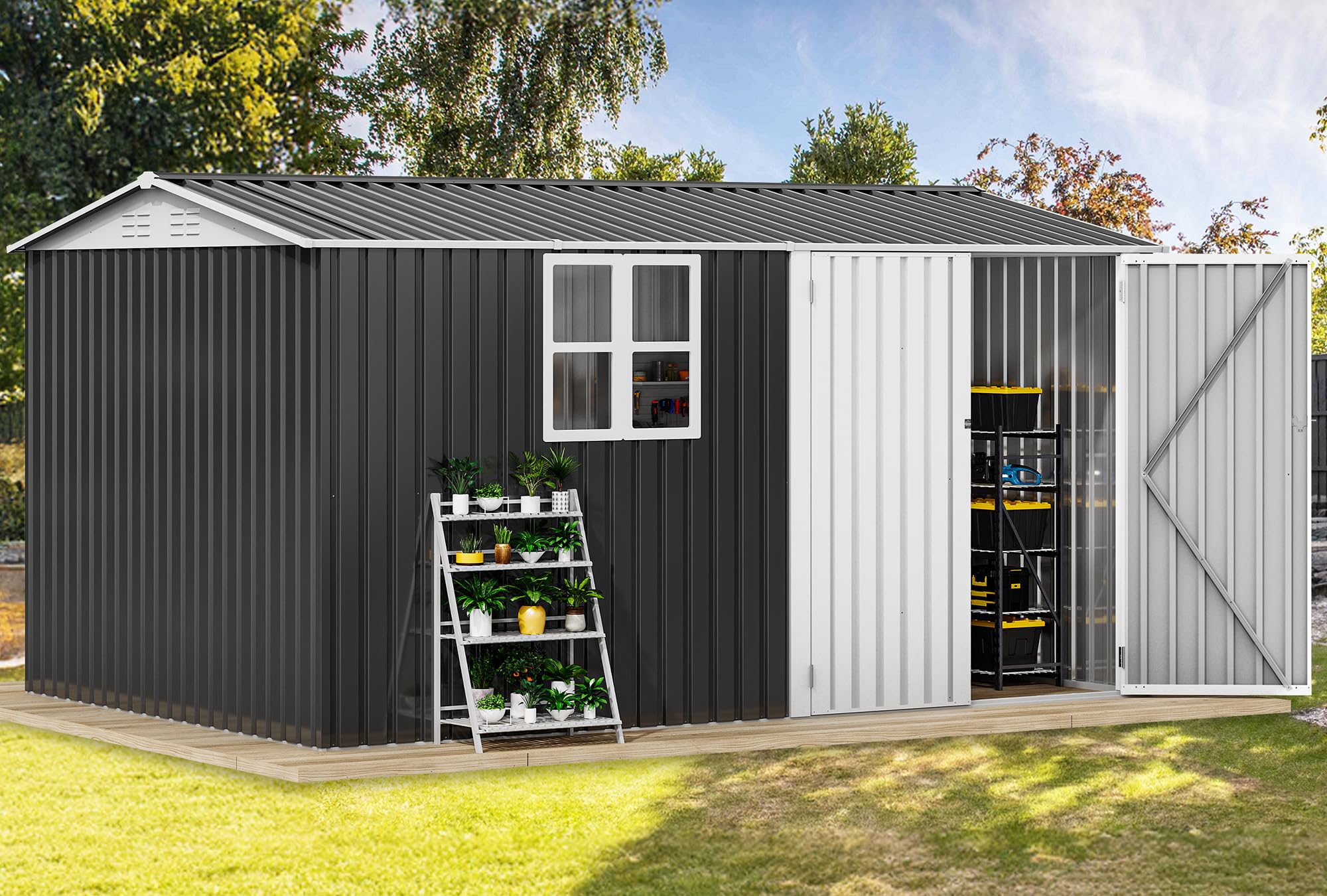 Photo 1 of DWVO 12' x 8' Outdoor Storage Shed, Waterproof Metal Garden Shed with Windows, Lockable Doors, and Sloped Roof for Patio, Backyard, Lawn, Tool Storage, Bike Shed, Pet Shelter (Gray + White)