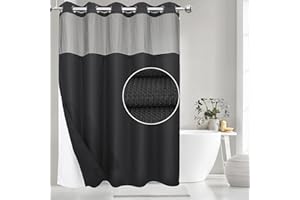 VIUOON No Hook Shower Curtain Set with Snap in Fabric Liner, 250GSM Waffle Weave Black Hotel Grade Bath Shower Curtain - See Through Top Window, Waterproof & Washable, 71W x 74H
