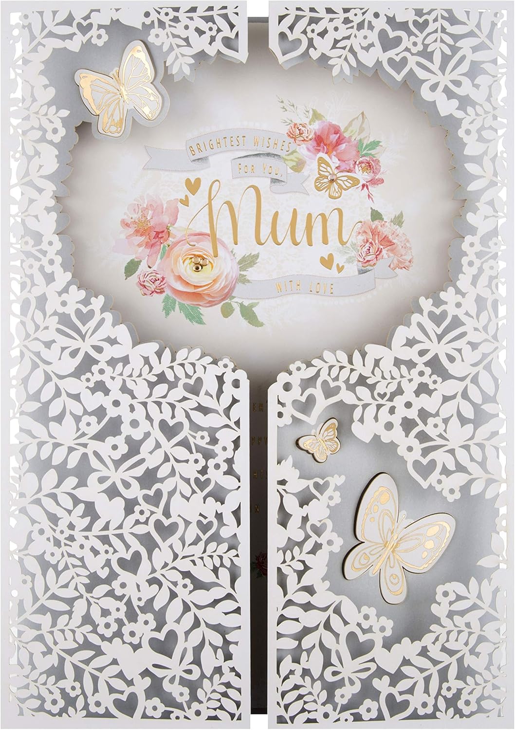 Hallmark Mothers Day Card for Mum Laser Cut Design with Long Verse, Butterflies & Florals, White, Pink, White With Gold Foil