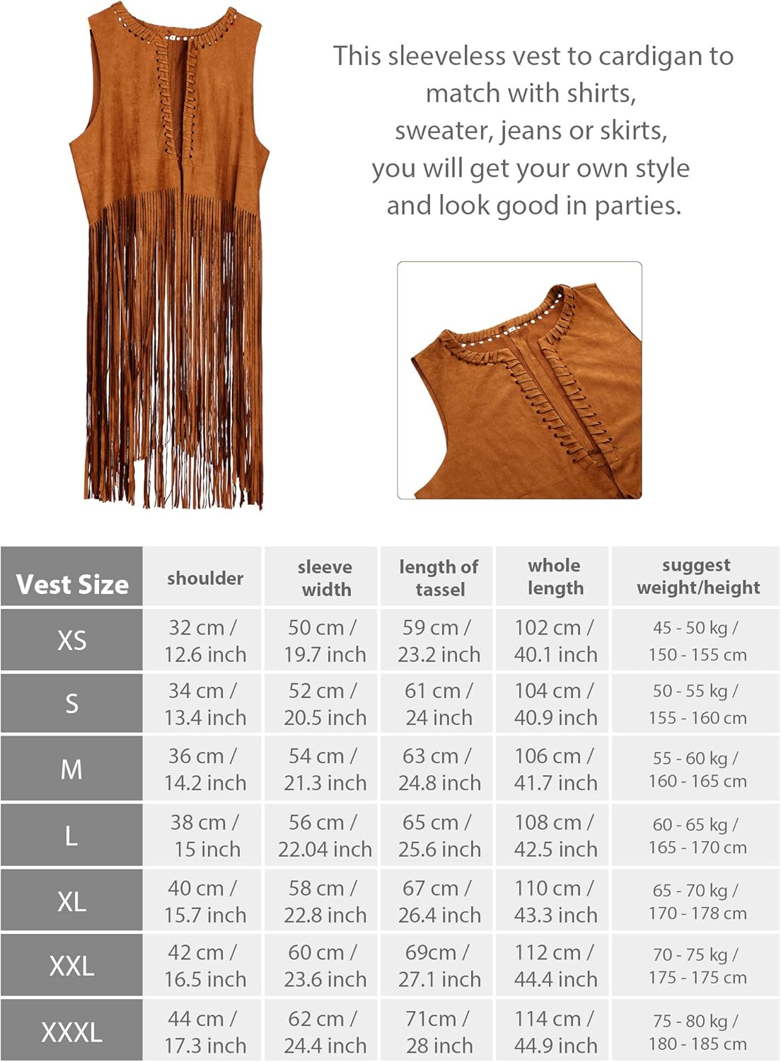 4 Pieces Women Hippie Costume Set Fringe Vest Faux Suede Tassels Vest (XL), Multicoloured - Image 3