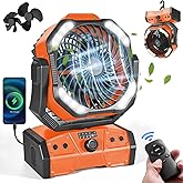 Odoland 40000mAh Camping Fan with LED Light, Battery Operated Oscillating Desk Fan with Remote & Hook, Rechargeable Outdoor Tent Fan with Timer for Hurricane Power Outage Travel Jobsite RV, Orange