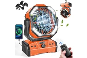 Odoland 40000mAh Camping Fan with LED Light, Auto-Oscillating Desk Fan with Remote & Hook, Rechargeable Battery Operated Outd
